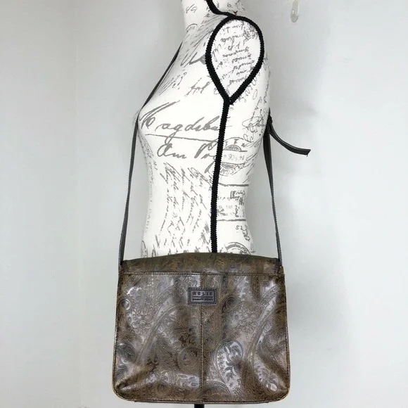 Vintage Relic Brown Paisley Tooled Faux Leather Flap Front Crossbody Satchel Bag - Picture 7 of 12